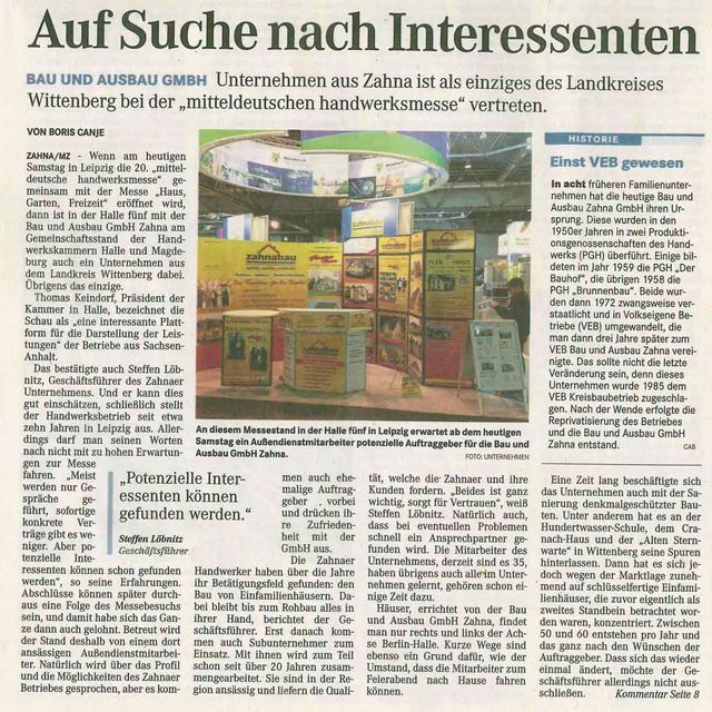 Presseartikel von Zahnabau - BAU UND AUSBAU GmbH in Zahna-Elster in der Region Lutherstadt Wittenberg
